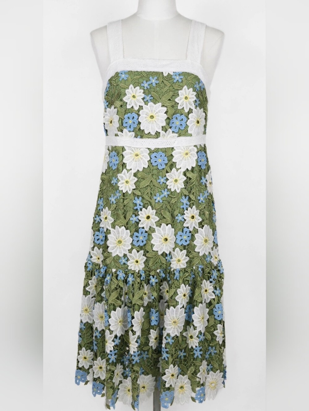 Olive Floral Lace Midi Dress with White & Blue Flowers